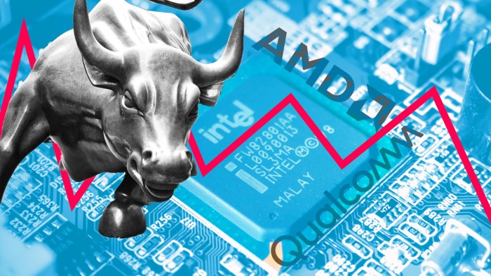 An image of a bull against a background of a circuit board and a falling line graph
