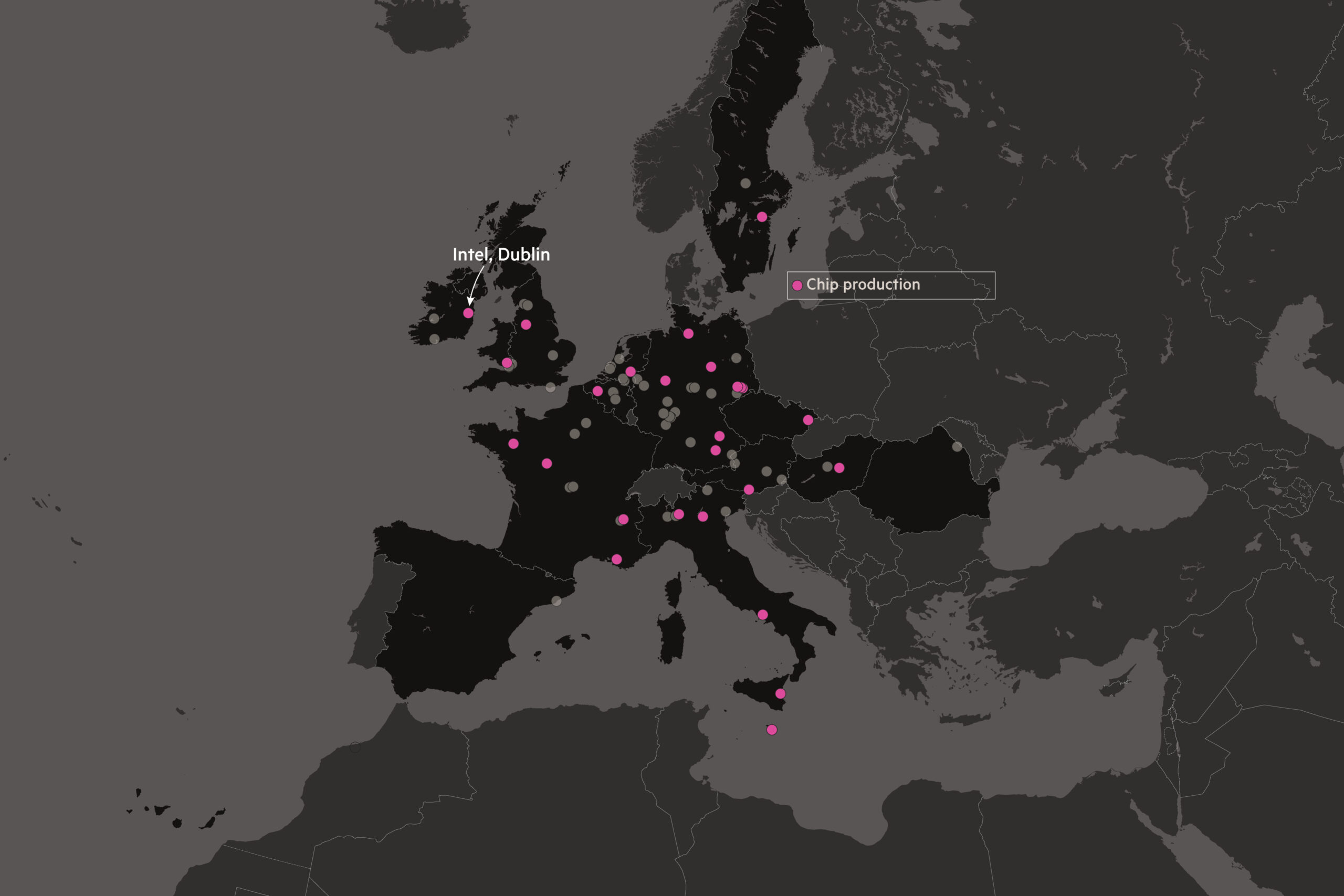 A map showing the location of chip production locations in Europe. Intel in Dublin is highlighted as it is the only facility which will be capable of sub 10nm production