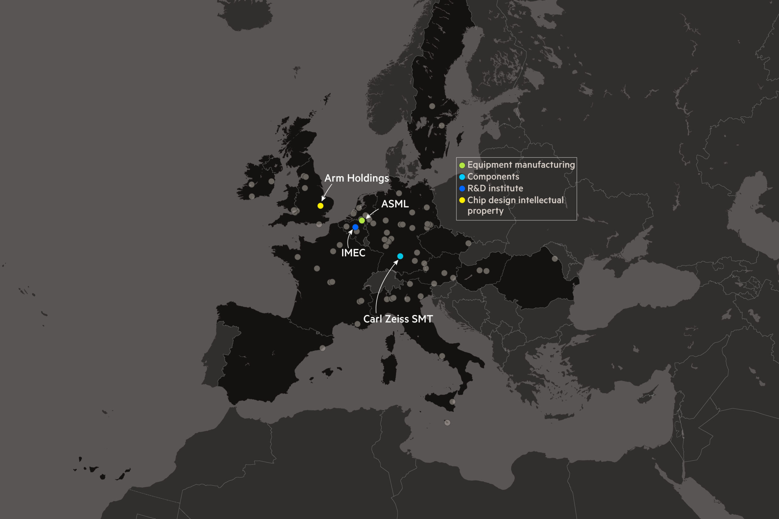 A map highlight the locations of Arm, ASML, IMEC and Carl Zeiss SMT