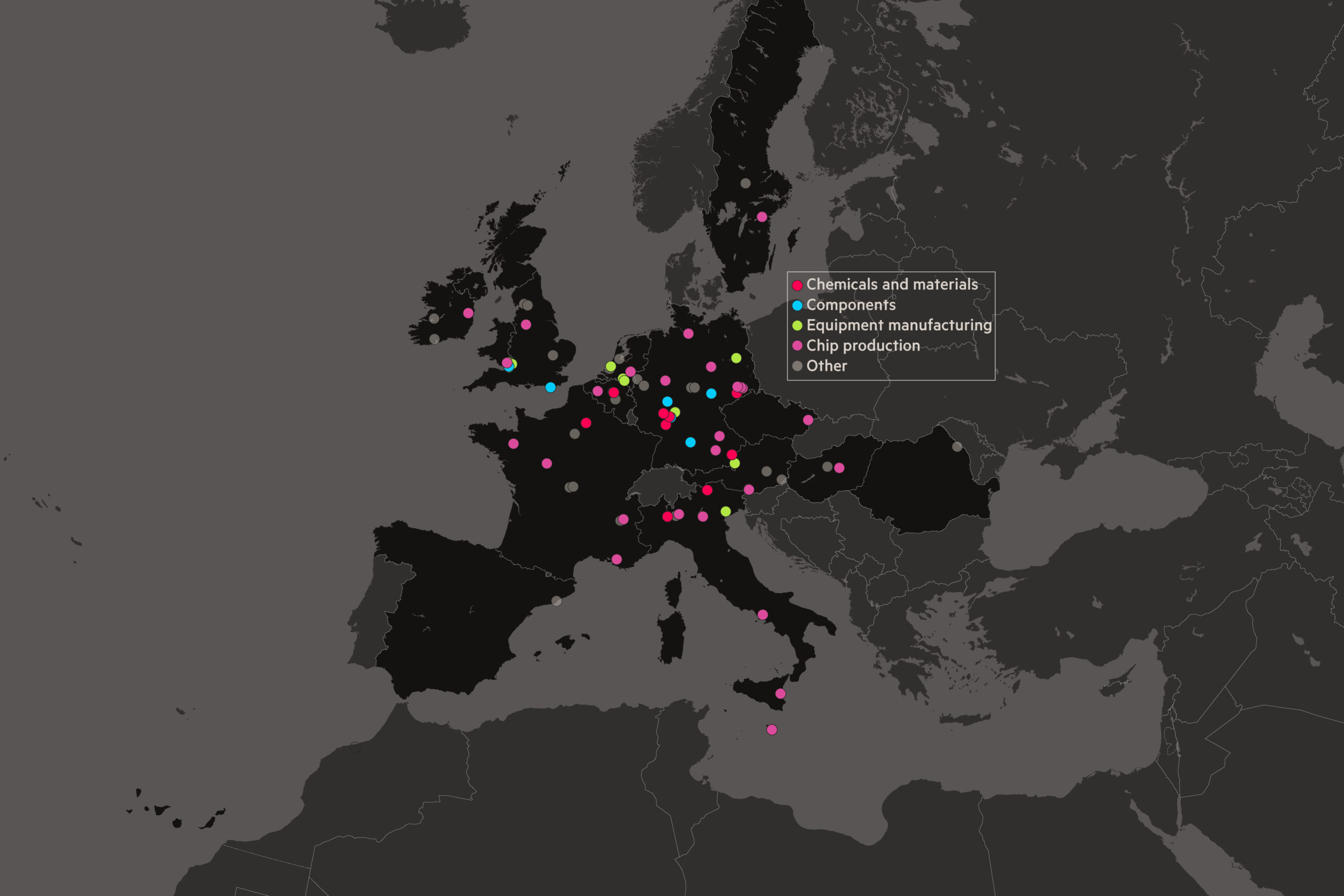 A map of semiconductor locations in Europe highlighting four categories: chemicals and materials; components; equipment manufacturing and chip production