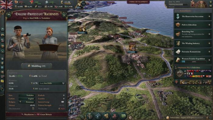 An image from a video game shows an aerial view of a landscape and 19th-century human figures with the words ‘English Protestant machinists’