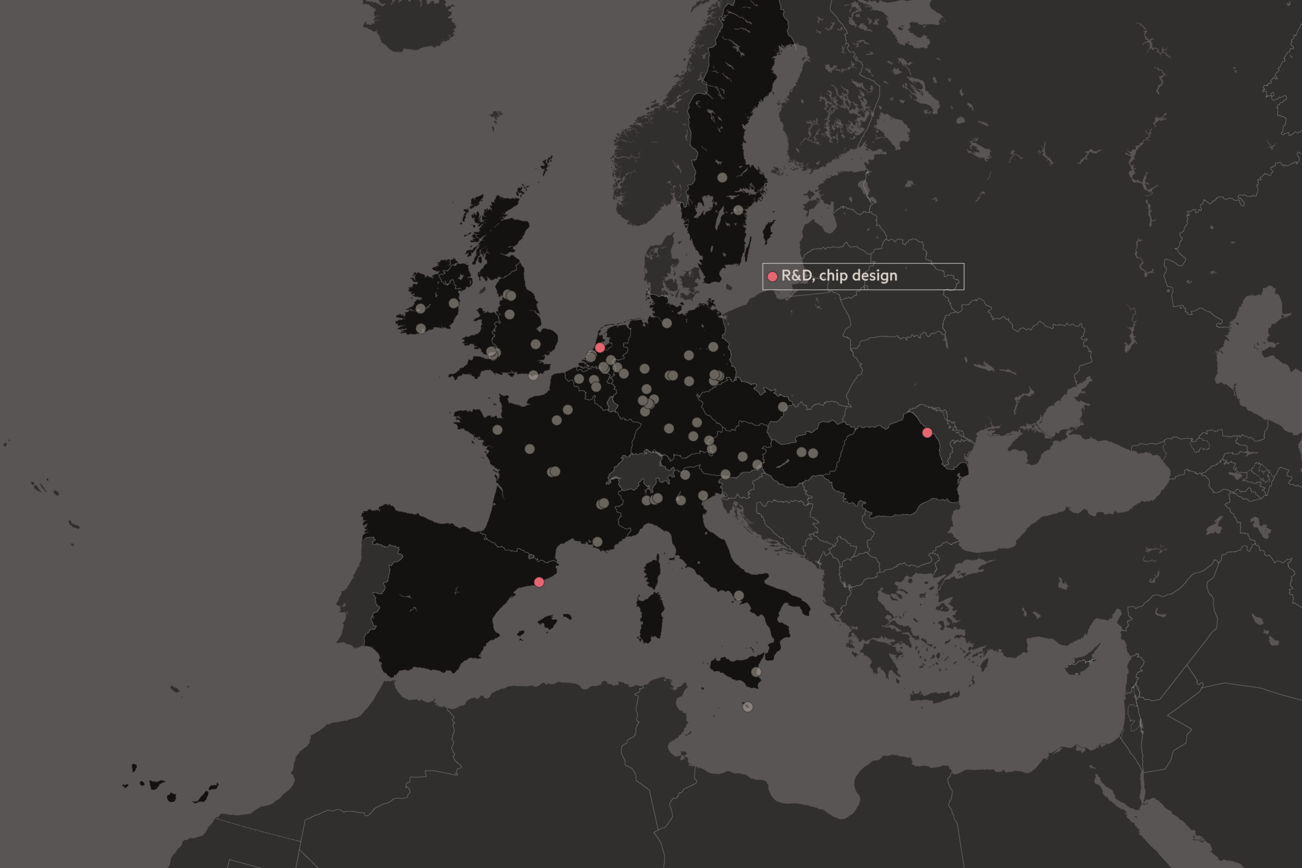 A map showing just three R&D chip design locations in Europe