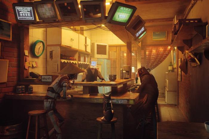 Futuristic inhabitants with screens for faces in an old-fashioned cafe