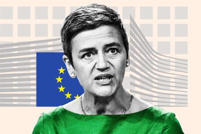 Margrethe Vestager and the logo of the European Commission