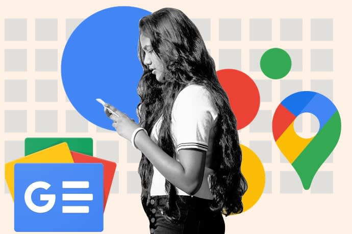A young woman with a phone and the Google News logo, Google Maps logo and Google Assistant logo