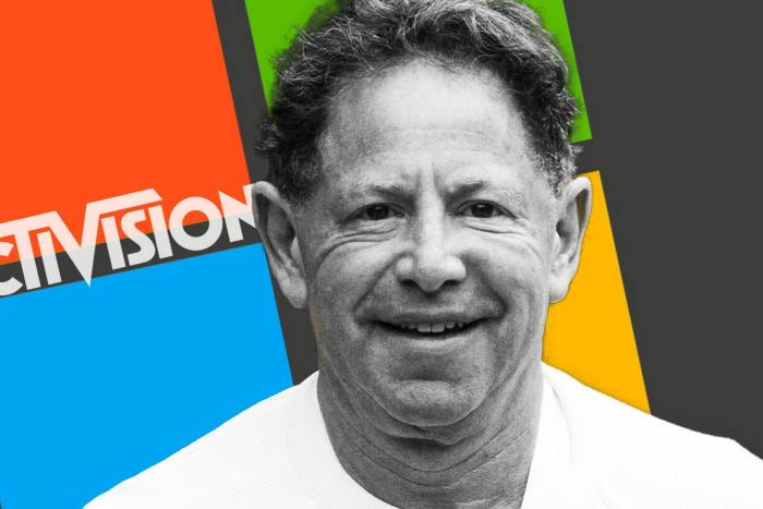 Montage of Bobby Kotick and Activision and Microsoft logos