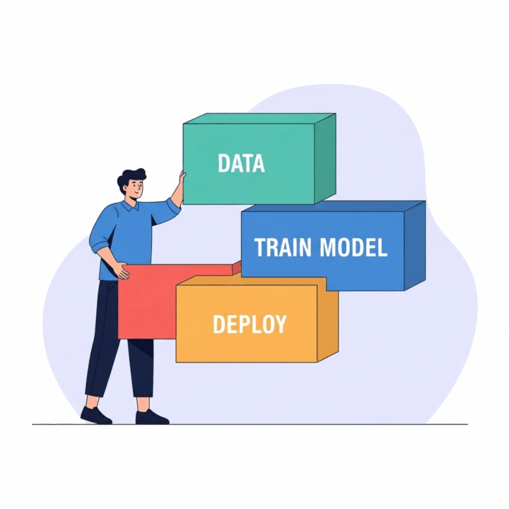 Abacus.AI: Democratizing Machine Learning
Prompt: A clean illustration showing a person in casual business attire easily arranging large, colorful blocks labeled "Data," "Train Model," and "Deploy." The blocks are connecting to form a sophisticated AI structure, symbolizing ease of use. The background is a simple, friendly gradient. --ar 4:3
Visual Concept: Represents the "building blocks" approach of Abacus.AI, making complex machine learning accessible to non-experts.