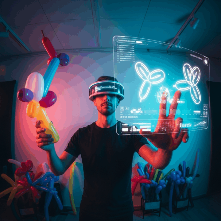 The Fusion of Balloons and AI
Prompt: "A whimsical, wide-angle shot of a balloon artist in a colorful studio, wearing a futuristic visor. One hand holds a vibrant, twisted balloon animal, while the other hand interacts with a holographic interface displaying glowing, abstract balloon shapes and data streams. The style should be a blend of photorealistic and digital fantasy."