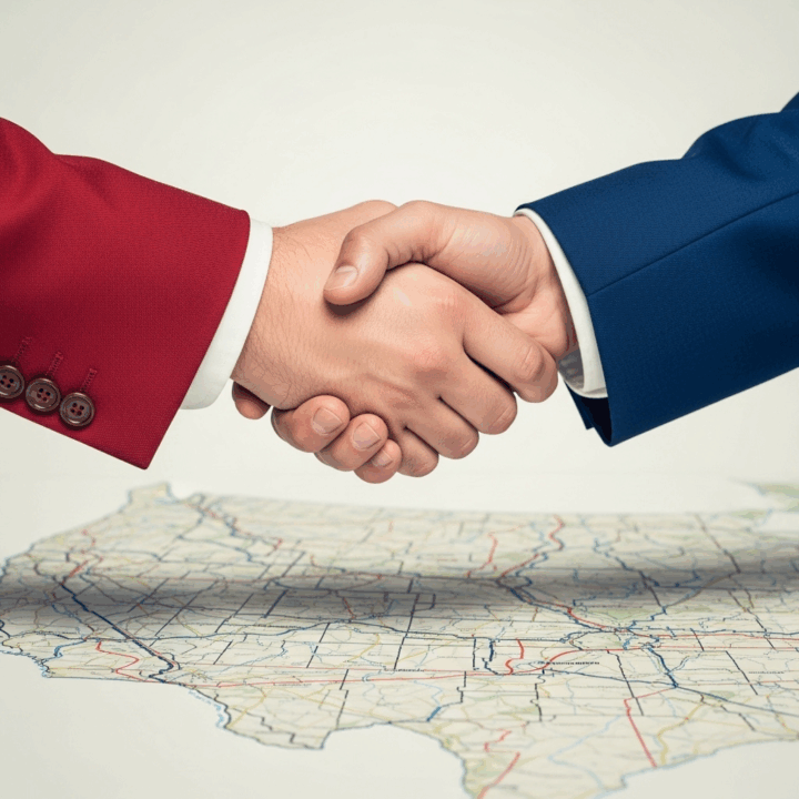 Image 2: The Bipartisan Handshake

Description: A close-up shot of a handshake between two figures. One sleeve is clearly Republican red, and the other is Democratic blue. Below their clasped hands, a distorted map of electoral districts is visible, with unnaturally jagged and winding boundaries. This image represents the "sweetheart deal" or bipartisan cooperation in gerrymandering.