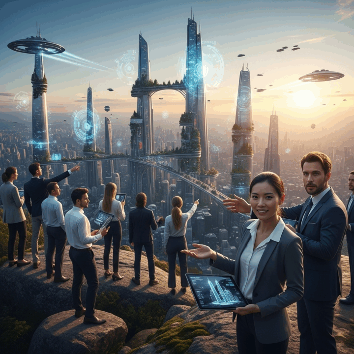 Building the Future, Together
A diverse group of entrepreneurs and innovators standing on a precipice, looking out at a technologically advanced, utopian cityscape. The scene is optimistic and forward-looking, embodying the collaborative spirit of building the future with AI.