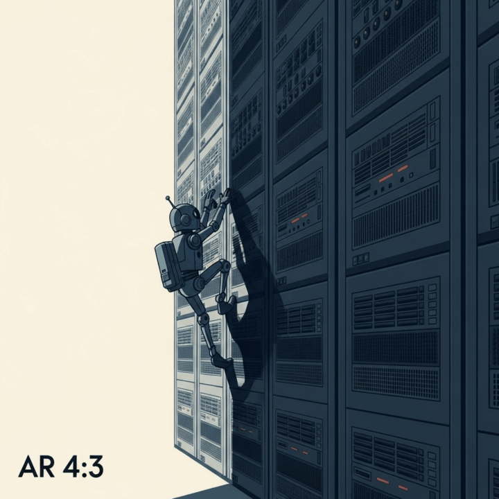 Computational Hurdle
Prompt: A minimalist illustration of a small, determined robot attempting to climb a giant wall made of stacked, expensive-looking server racks. The wall is casting a large shadow over the robot. The style is professional, using a limited color palette to emphasize the challenge. --ar 4:3
Visual Concept: A simple, powerful metaphor for the immense cost and resource barrier that high computational demands create for startups.