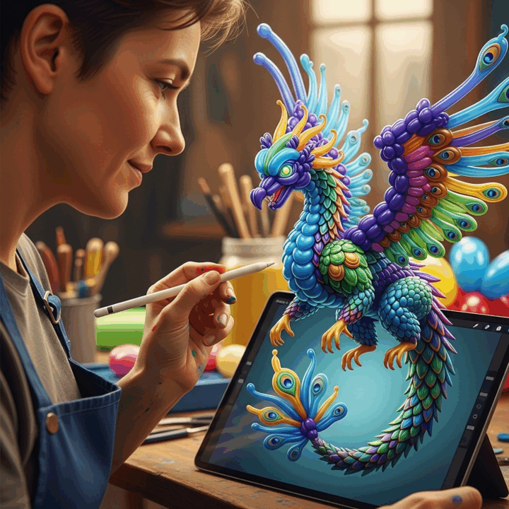 AI for Design Inspiration
Prompt: "A close-up, creative shot looking over the shoulder of a balloon artist who is looking at a tablet screen. The screen displays a fantastical, AI-generated image of a mythical creature made entirely of balloons. The AI's creation is complex and otherworldly, with swirling colors and intricate details. The artist looks inspired."
