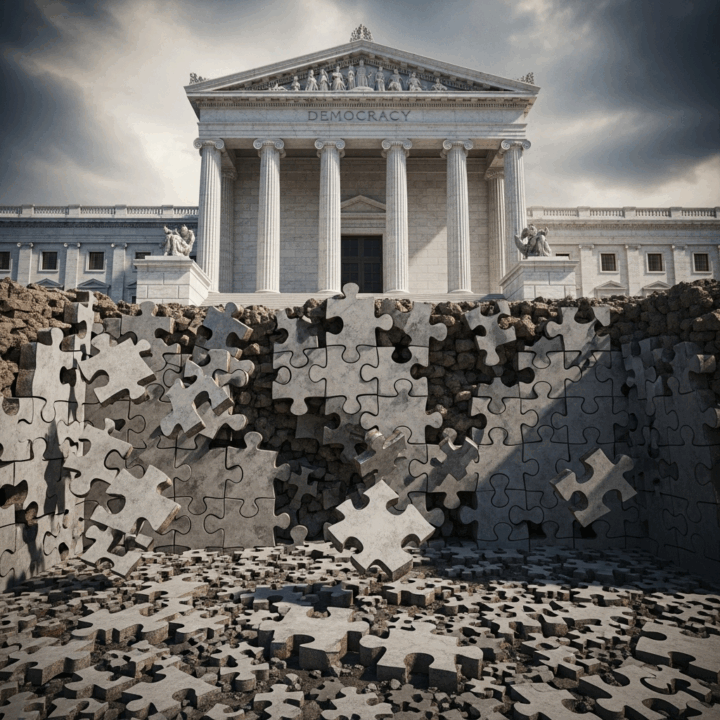 Image 12: Erosion of Democracy

Description: A classical-style building representing "Democracy" is shown with its foundation crumbling away. The crumbling bricks are shaped like puzzle pieces, representing the manipulated voting districts. This final image conveys the ultimate consequence: the foundational principles of democracy being weakened by gerrymandering.