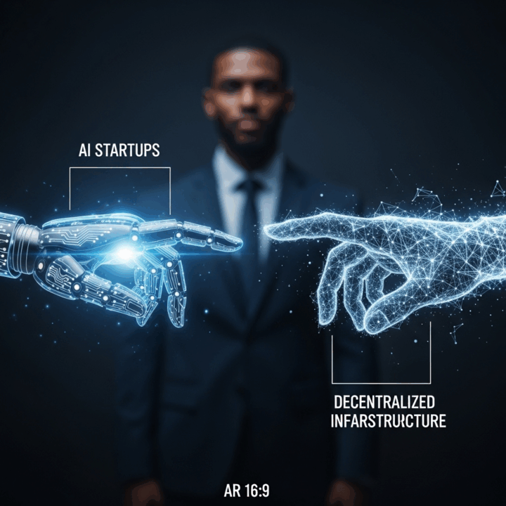 Prompt: A powerful, symbolic image of two hands about to connect. One hand is a robotic, glowing with circuit patterns, labeled "AI Startups." The other hand is made of a complex, interconnected web of light, labeled "Decentralized Infrastructure." The background is dark and focused on the hands. --ar 16:9

Visual Concept: A strong, professional metaphor for the valuable partnership between AI innovators and decentralized compute providers.