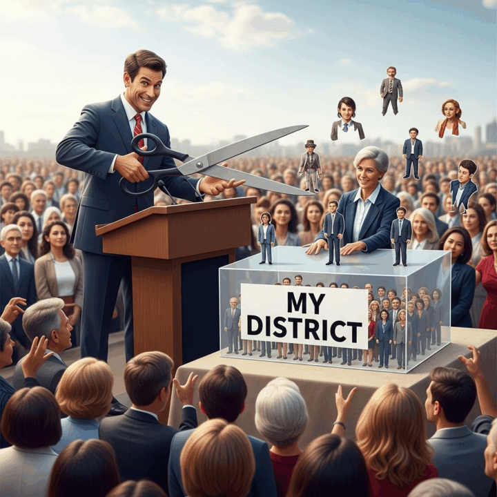 Image 6: Politicians Choosing Voters

Description: A politician stands in front of a large crowd of diverse people. Instead of addressing them, the politician is using a giant pair of scissors to literally cut out sections of the crowd to place into a neatly defined box labeled "My District." This image captures the core idea of politicians selecting their electorate.