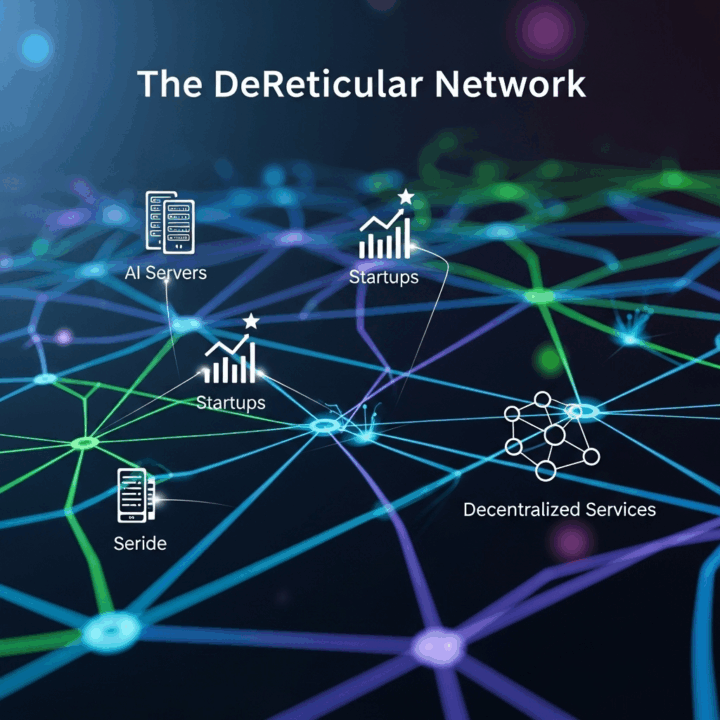 The DeReticular Network
A visually stunning, abstract representation of the DeReticular network. It's an intricate, glowing web connecting icons for AI servers, startups, and decentralized services, illustrating a powerful, interconnected ecosystem.