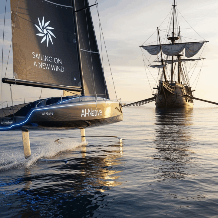 Sailing on a New Wind
A sleek, modern hydrofoil boat, representing an AI startup, gracefully overtakes a classic wooden galleon that is stuck in calm waters. This image brings Mike's mantra to life: "You can't sail today's boat on yesterday's wind."