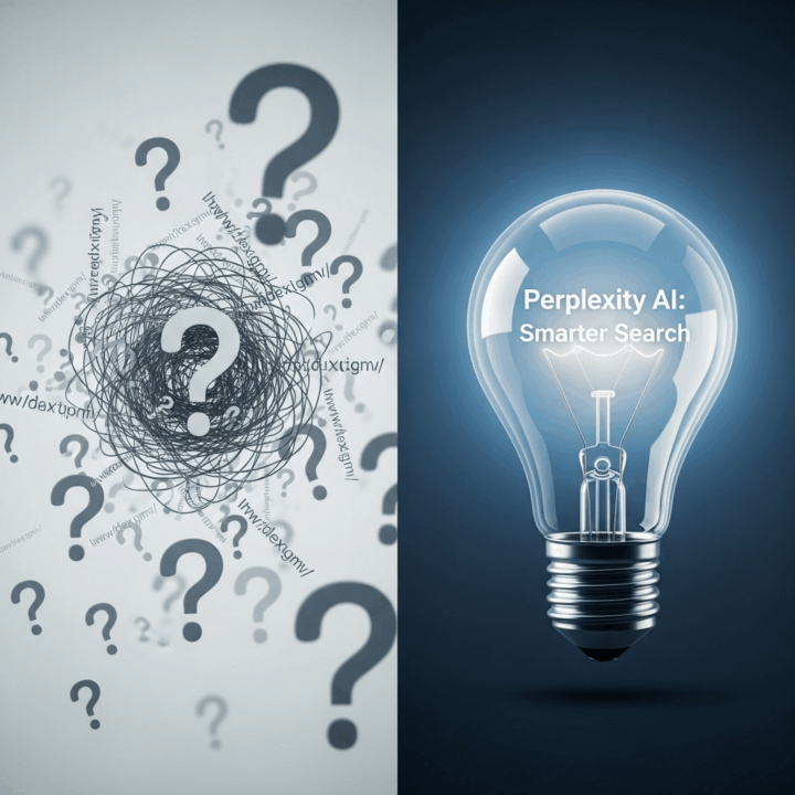 Perplexity AI: Smarter Search
Prompt: A split-screen digital art image. The left side shows a chaotic jumble of question marks and tangled website links. The right side shows a single, clear, glowing lightbulb with a concise, accurate answer written inside it, with small, neat citation marks. The visual contrast is sharp and satisfying. --ar 16:9
Visual Concept: Contrasts the old, messy way of searching with Perplexity's clean, direct, and intelligent answer engine.
