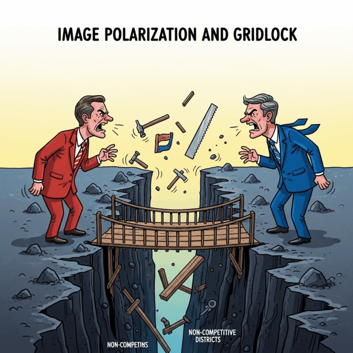 Image 11: Polarization and Gridlock

Description: Two politicians, one red and one blue, are shown on opposite sides of a deep chasm. They are shouting at each other with their backs turned to a bridge-building set in the middle. The chasm represents the political divide, widened by the lack of need for compromise in non-competitive districts.