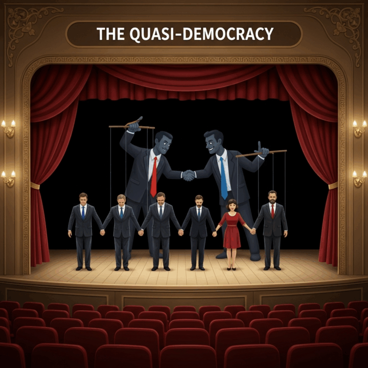 Image 1: The Quasi-Democracy Theater

Description: An elegant, old-fashioned theater stage. On the stage, actors in political suits are taking a bow to an empty audience. However, behind the velvet curtains, two shadowy figures (one with a red tie, one with a blue tie) are exchanging a knowing wink and a handshake, holding puppet strings that lead to the politicians on stage.

Concept: This visually represents the idea of a "quasi-democracy" – the outward appearance of a democratic process is just a show, while the real decisions happen behind the scenes.