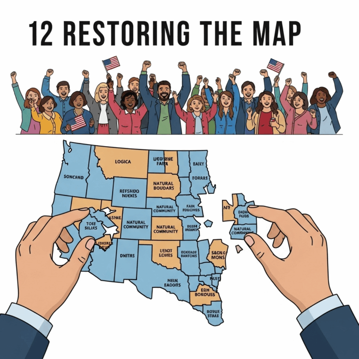 Image 12: Restoring the Map

Description: A pair of hands, representing the people, is shown carefully putting the shattered pieces of a state map back together, this time forming logical and fair districts that follow the natural lines of communities. In the background, a diverse group of citizens is cheering them on.

Concept: This image ends the series on a hopeful and empowering note, suggesting that through awareness and action, the integrity of the system can be restored.