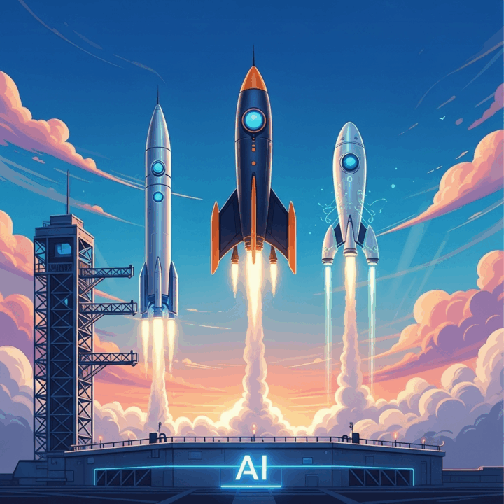gital art illustration showing three distinct rockets launching from a launchpad labeled "AI." Each rocket has a unique, sleek design representing different startups. The background is a stylized, optimistic dawn sky. The overall aesthetic is clean, modern, and inspiring. --ar 16:9

Visual Concept: Represents the new generation of diverse and powerful AI-native startups taking off.