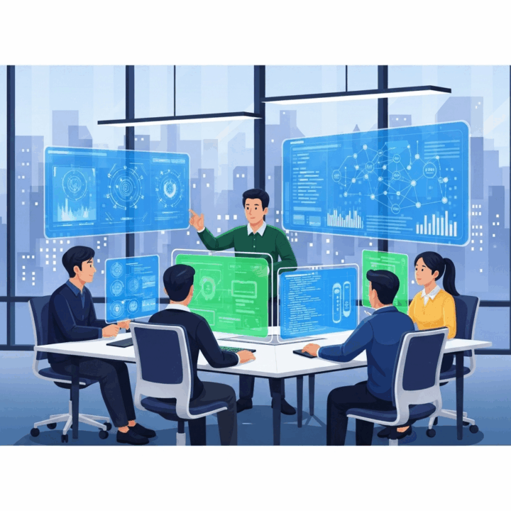The AI-Native Startup
An illustration of a small, dynamic team working in a futuristic office. Holographic interfaces and data visualizations float in the air around them, symbolizing a business built on AI from its very core.