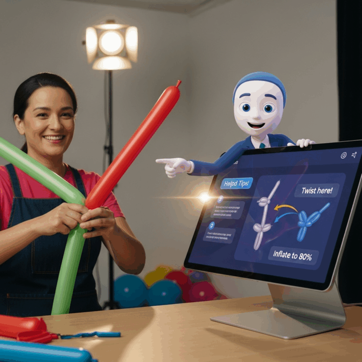 Creating Tutorials with AI Assistance
Prompt: "An engaging, medium shot of a friendly balloon artist filming a tutorial in a well-lit studio. They are demonstrating how to twist a balloon, while next to them, an animated AI assistant on a screen points to key steps and displays helpful tips and diagrams. The mood is educational and fun."
