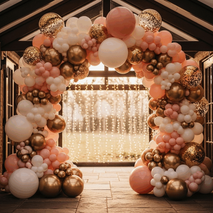 Traditional Event Decorations
Prompt: "An eye-level, dynamic photograph of an elaborate, oversized balloon archway at a wedding reception. The arch is made of shimmering gold, white, and blush pink balloons of varying sizes. The lighting is soft and romantic, with bokeh effects from fairy lights in the background, capturing a moment of celebration."