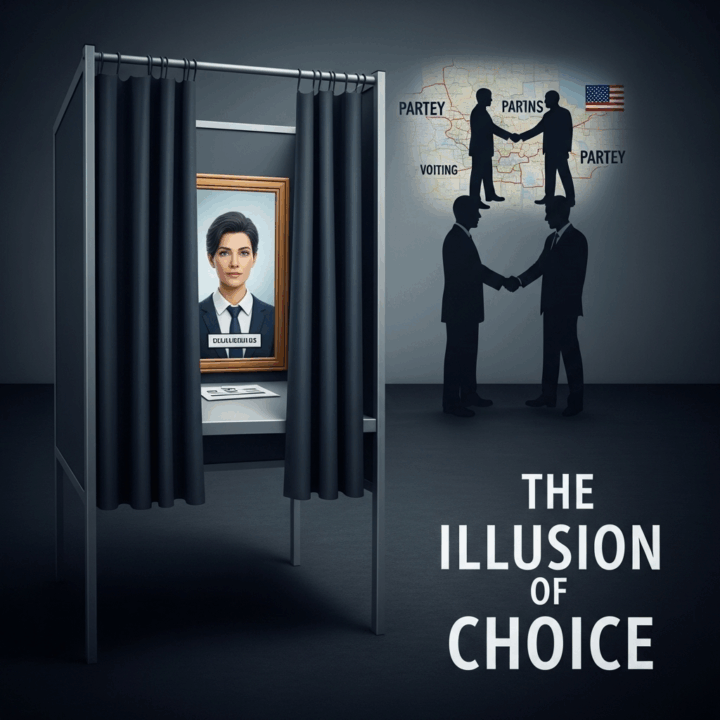 Image 1: The Illusion of Choice

Description: A voting booth is shown with the curtain partially drawn back. Instead of a ballot with multiple candidates, the voter sees a mirror reflecting their own image, symbolizing that their choice is merely an illusion. In the background, shadowy figures representing both political parties are seen shaking hands over a map of voting districts. The overall mood is somber and cynical.
