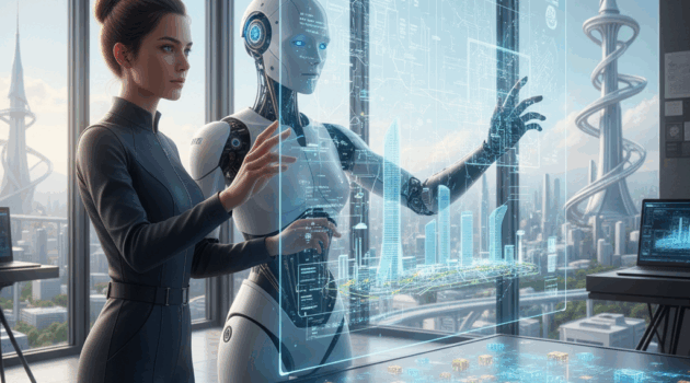 A New Era of Collaboration This image captures the final, optimistic vision of the article. A human architect and a sophisticated AI companion stand side-by-side, collaboratively interacting with a holographic blueprint of a futuristic city. The city's foundation is visibly integrated with a blockchain grid, signifying a new world built on a partnership between human creativity and machine intelligence, all underpinned by verifiable trust.