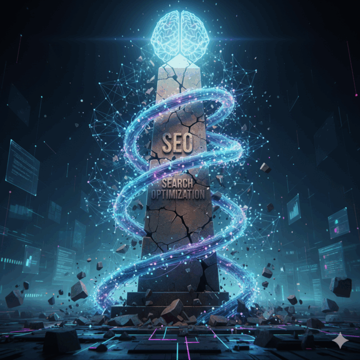 The Digital Singularity: Search is Dead, Long Live AIDepicts: The death of traditional SEO/Search and the rise of AI-driven creation.Concept: The new marketing reality: stop optimizing for search algorithms and start creating for AIs that prize authenticity and volume.Image Prompt: A dramatic, metaphorical illustration. A colossal, ancient stone monument or obelisk labeled "SEO/Search Optimization" is crumbling and cracking. Emerging from the cracks and swiftly coiling around the monument is a massive, elegant, neural network of glowing wires and data streams that coalesce into an abstract, powerful AI brain. The background is a digital landscape, symbolizing the profound shift in the attention economy.