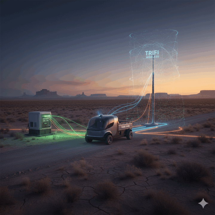 The Ecosystem: Kurb Kars, Agra Dot, and Trifi WirelessDepicts: The three primary integrated physical components of the Michael Noel/DeReticular ecosystem.Concept: Showcasing the synergy between autonomous logistics, renewable energy, and wireless connectivity.Image Prompt: A futuristic, integrated scene in a rural environment (like a dusty Arizona road or a Ugandan field). In the center is a sleek, autonomous utility vehicle (Kurb Kars) driving itself. Nearby, a compact, modern unit generates power with a faint green glow (Agra Dot Energy). In the background, a minimalist, high-gain antenna tower rises, emanating a strong wireless signal (Trifi Wireless). The three elements are visibly connected by glowing data streams.