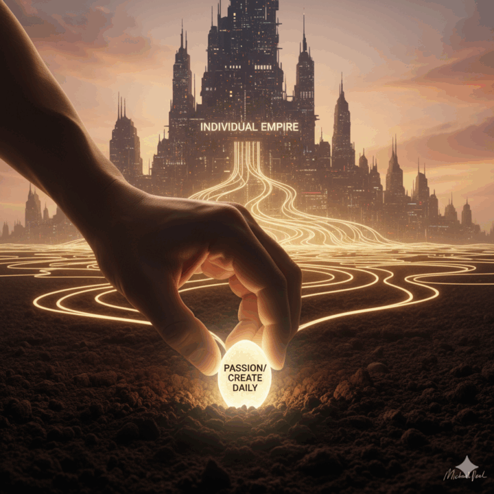 The Final Mandate: Passionate CreationDepicts: The ultimate GaryVee lesson and the final call to action.Concept: The profound power of authentic, passionate creation as the only leverageable asset in the new AI economy.Image Prompt: An inspiring, emotionally charged illustration. A single, strong human hand (Michael Noel's) is gently planting a small, glowing seed labeled "Passion/Create Daily" into the earth. The light from this small seed is intensely bright, illuminating the entire scene. In the distance, the silhouette of a massive, complex digital city or a towering AI/Blockchain structure (the "Individual Empire") is seen growing from the horizon, all clearly rooted to the point where the seed was planted.