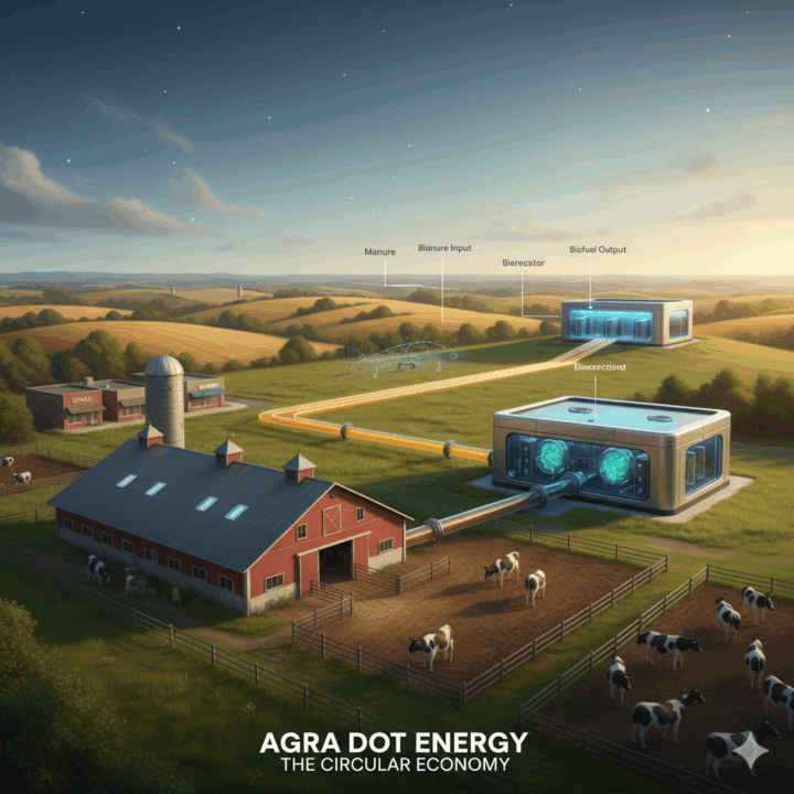  Agra Dot Energy: The Circular Economy
Description: A visual depicting a small, modular Agra Dot Energy facility situated near a dairy farm. The image highlights the Manure-to-Biofuel process, showing a transparent line of waste entering a sleek, modern bioreactor, and a clean, colorful liquid biofuel flowing out to power the local Community Compute Cluster building in the distance.